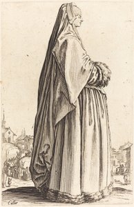 Adlig kvinna som bär en slöja och en klänning trimmad i päls av Jacques Callot