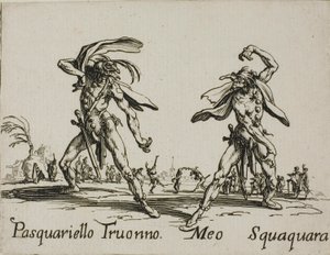 Pasquariello Truonno - Meo Squaquara, platta 20 från Balli di Sfessania av Jacques Callot