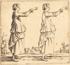 Bondekvinna, i profil, vänd åt höger, med utsträckt arm, 1617 och 1621. av Jacques Callot