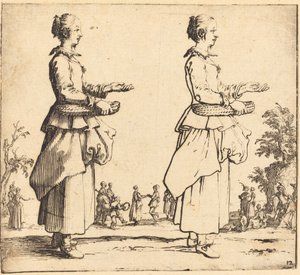 Bondkvinna med korg, i profil, högervänd, 1617 och 1621. av Jacques Callot