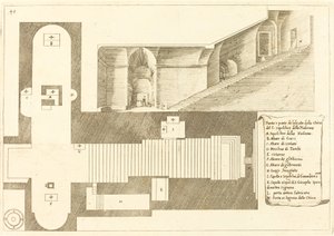 Plan och del av höjden av kyrkan av den heliga graven av Madonna av Jacques Callot
