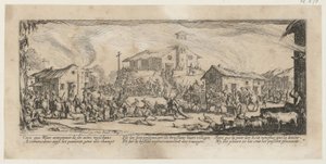 Plundring och nedbränning av en by, blad 7 i serien "Krigets fasor" av Jacques Callot
