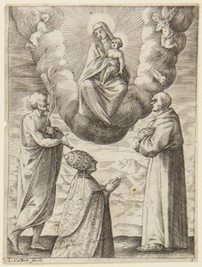 Påven Bonifatius VIII med Sankt Franciskus och Sankt Crispinus som tillber Jungfrun och Jesusbarnet av Jacques Callot