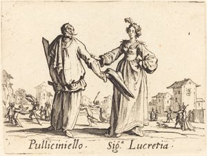 Pulliciniello och Siga. Lucretia av Jacques Callot