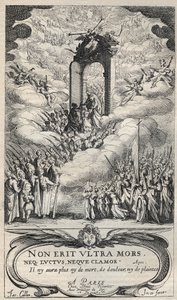 Heliga och helgon som skyndar vid paradisets dörr - komposition och gravyr av Jacques Callot (1592-1635) av Jacques Callot