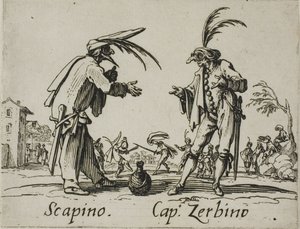 Scapino - Kapten Zerbino, plansch 12 från Balli di Sfessania av Jacques Callot