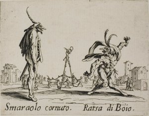Horned Smaraolo - Bödelns Ratsa, tallrik 4 från Balli di Sfessania av Jacques Callot