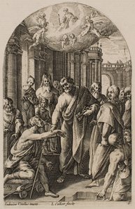 Sankt Petrus och Sankt Johannes botar den lame vid tempelporten, ur serien "Bilder från Rom" av Jacques Callot