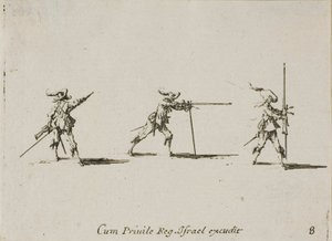 Ta skjutpositionen med musköten, skylt åtta från The Military Exercises av Jacques Callot