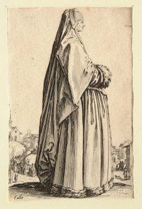 Damen med en stor slöja och en klänning kantad med päls av Jacques Callot