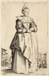 Damen med den lilla huvudbonaden uppdragen bakåt (La Dame à la petite coiffe relevée en arrière) av Jacques Callot