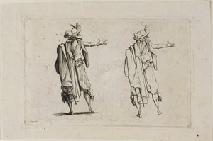Mannen sedd bakifrån, högerarm upphöjd, från The Caprices av Jacques Callot