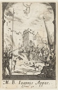 Johannes evangelistens martyrdöd, plansch fem ur Apostlarnas martyrdöd av Jacques Callot