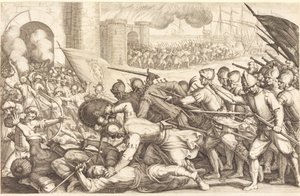 Trupperna som tvingar fram porten till en stad av Jacques Callot