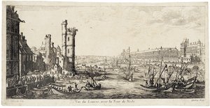 Vy från floden Seine mot Louvren till höger ... (etsning) av Jacques Callot