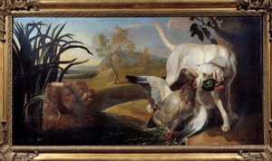 Braque hund som håller en gräsand i munnen Målning av Jacques Charles Oudry (1720-1778) 1700-talets Paris, dekorativ konst av Jacques Charles Oudry