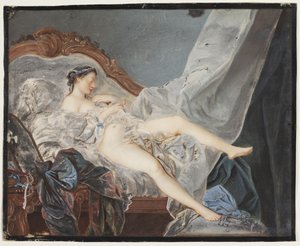 En naken tjej, liggande på rygg på en canapé mellan stora draperier av Jacques Charlier