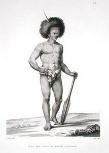 Papuaöarna: Spetälska offer, från "Voyage Autour du Monde (1817-20)", av Louis Claude Desaulses de Freycinet (1779-1842), graverad av Forget, publicerad 1822-24 (litografi).