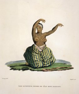 Dansande kvinna från ön Maui, på Hawaiiöarna, graverad av Parfait Augrand (f.1782)