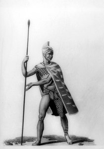 Ung officer klädd i en typisk kostym från malo, Hawaii, 1819