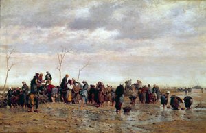 Sjöplockarna. Osteriodling: kvinnor samlar ostron på låga sto. Målning av Eugene Feyen (1815-1908)