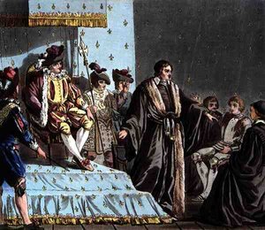 Kansler Francois Olivier (f. 1488) förvirrar ambassadören av Ferdinand I (1503-64), graverade av Jean Baptiste Morret (fl. 1790-1820)