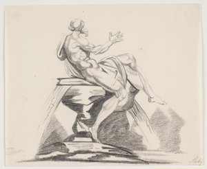 Manlig skäggig figur i dräkter sedd bakifrån på en fontän av Jacques Francois Joseph Saly