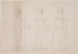 Offerhandling (?) Tre gående figurer i grekiska dräkter. Framför en man som bär en amfora och en stav eller ficklampa, sedan två kvinnor av Jacques Francois Joseph Saly