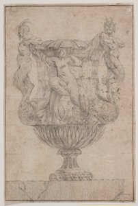Prydnadsvas med Pan, faun och nymf. Kopia efter Pl. 14 i sviten med vaser designade av Saly 1746. "Vasa a se inventa..."