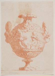 Dekorativ vas med två huvuden och två putti. Kopiera enligt pl. 19 i sviten med vaser designade av Saly 1746. "Vasa a se inventa..."