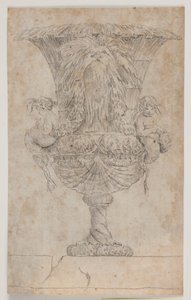 Dekorativ vas med två putti (sjöjungfrur?). Kopia efter redigering (pl. 9) i sviten av vaserna tecknade av Saly 1746. "Vasa a se inventa..." av Jacques Francois Joseph Saly