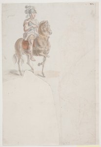 Ryttare i romersk dräkt med fjäderhjälm. Även två svaga rödkritritningar av stående och halvt knästående män. av Jacques Francois Joseph Saly