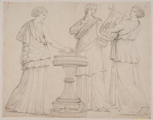 Tre kvinnor i grekiska dräkter vid ett altare. Kvinnan t.v. med en tablett (?), i mitten med en krona, t.h. med en lyra (terpsichore?) av Jacques Francois Joseph Saly