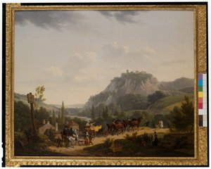 En grupp resenärer i ett landskap av Jacques Francois Joseph Swebach