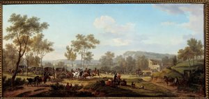 Ett lopp i närheten av Longchamps Attelages och ryttare på den parisiska landsbygden. Målning av Jacques Francois Joseph Swebach Dit Fontaine (eller Desfontaines av Jacques Francois Joseph Swebach