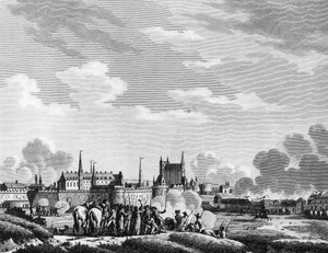 Franska revolutionen: Vendeens attack mot Nantes den 29 juni 1793. Gravyr av Berthaut efter Swebach Paris, biblioteket vid Institutet för revolutionshistoria av Jacques Francois Joseph Swebach