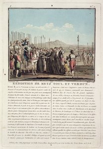 Henri II (1519-59) får nycklarna till Metz, Toul och Verdun (1552), graverade av Jean Baptiste Morret (fl.1790-1820), 1790 (färgad litho)