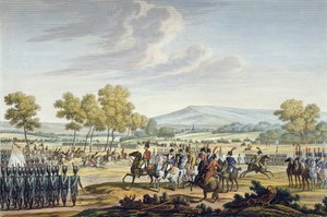 Det kejserliga gardet manövrerar i närvaro av de två kejsarna i Tilsit, 28 juni 1807, graverat av Edme Bovinet (1767-1832) (akvatint) av Jacques Francois Joseph Swebach