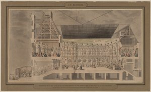 Tvärsnitt av Hôtel de Ville sett i perspektiv som visar dekoration och belysning av innergården och rummen skapade i samband med balen givet natten den 30 och 31 augusti 1739
