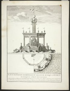 Plan och upphöjning av ett musikrum, plansch tre från Description des Festes Données par la Ville de Paris