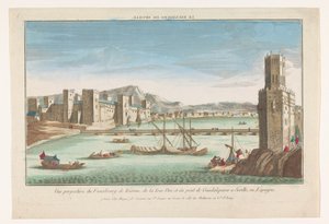 Utsikt över Triana-distriktet, en bro över floden Guadalquivir och Torre del Oro i Sevilla Le fauxbourg de Seville (titel på objekt)