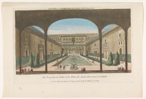 Utsikt över en innergård med fontäner av Alhambra i Granada Les bains des enciens rois Mores, en granat (titel på objekt)