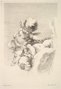 Two Cupids, One Holding a Wreath, mitten till slutet av 1700-talet. av Jacques Gabriel Huquier
