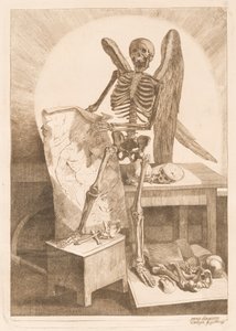 Ett bevingat skelett som håller en anatomisk teckning