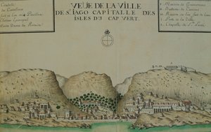 Staden Saint Jago (Santiago) på Kap Verde, akvarell från loggboken som fördes av Jacques Gouin de Beauchesne, fartygets kapten i Söderhavet från 1698 till 1701.