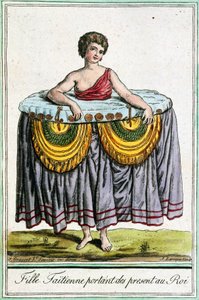 Ung kvinna erbjuder gåvor till kungen, Tahiti, Society Islands, gravyr från Encyclopedia of voyages, av Jacques Grasset de Saint-Sauveur (1757-1810) av Jacques Grasset de Saint-Sauveur