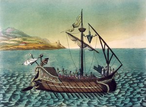 Duilius Corvus (bordningsanordning) på romersk galär, av Jacques Grasset de Saint-Sauveur (1757-1810), gravyr från det antika Rom.
