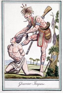 Iroquois krigare skalperar sin fiende - i "" Encyclopedia of travels"" av Grasset St Sauveur, Paris
