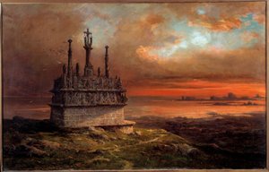 Golgata i Tronoen i solnedgångsmålningen av Jacques Guiaud (1811-1876) Brest från 1800-talet, Musee des Beaux Arts