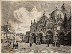 Torget och Markuskyrkan (Saint Markus), teckning av Jacques Guiaud (1810-1876), för att illustrera Adalbert de Beaumonts resa till Venedig, omkring 1850. Gravyr i "" Le tour du monde", redigerad av Edouard Charton av Jacques Guiaud